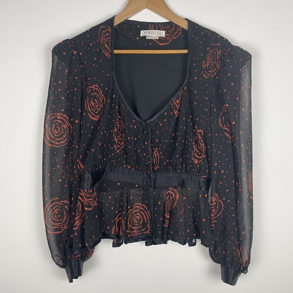Parigi Vintage Silk Blend Sheer Peplum‎ Black Red Blouse Balloon Sleeve Size 8‌‌